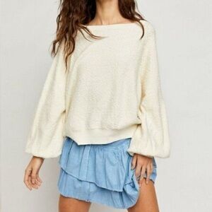 Free People Found My Friend Cream Textured Ballon Sleeves Sweater Top Oversized
